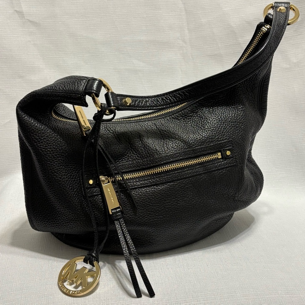 Michael Kors Black Leather Hobo Bag with Gold Accents